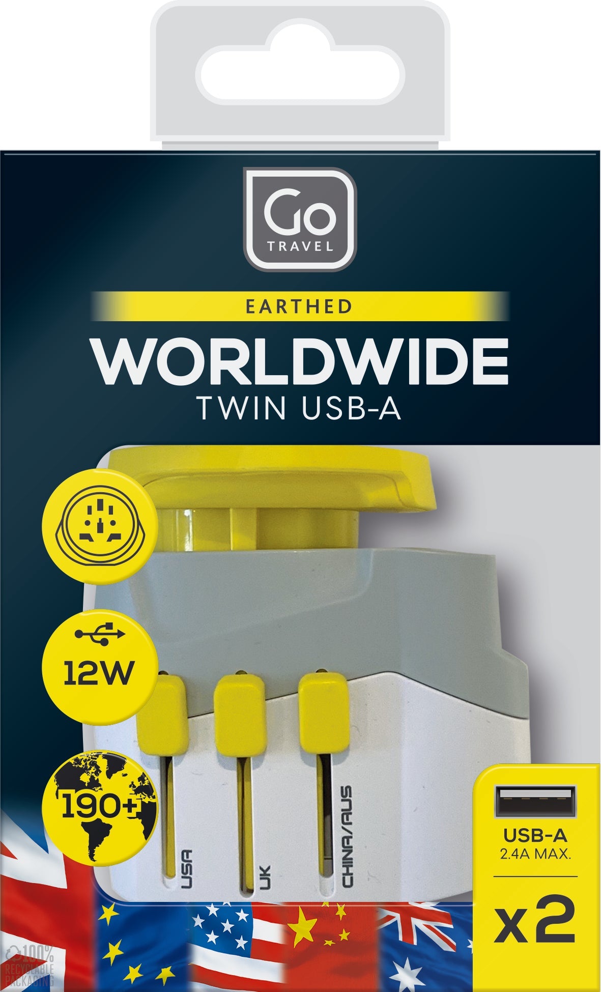 Go Travel Worldwide Adaptor + Twin USB-A